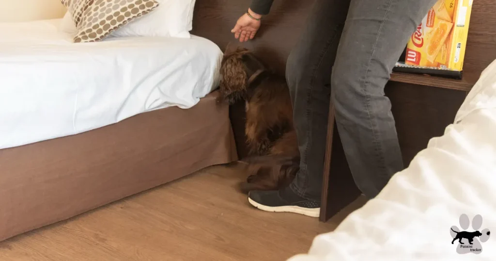 Photo d'un chien en recherche de punaise de lit dans un lit lors d'une détection canine hôtel à Paris.