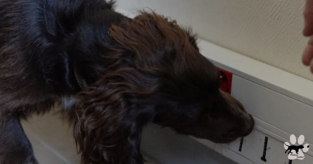 Photo d'un chien détecteur punaise de lit lors d'une inspection dans une entreprise, le chien recherche des punaises près des prises électriques.