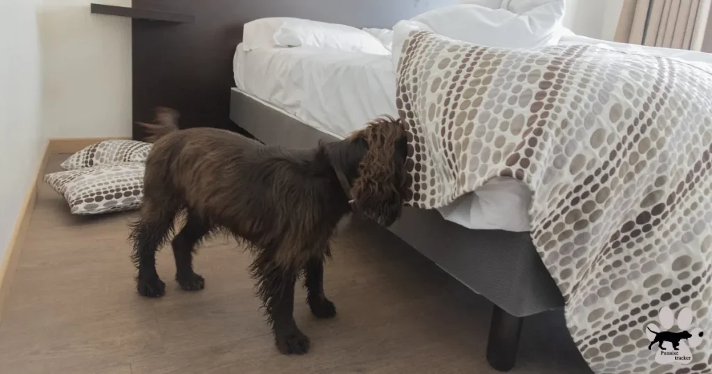 Chien de détection canine Punaise Tracker lors d'une inspection punaise de lit pour un professionnel : chambre d'hôtel à Paris.