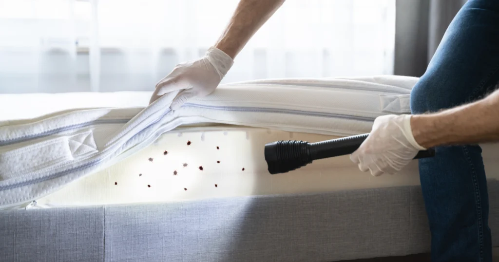 Illustration d'un expert en détection des punaises de lit qui recherche la présence de lit dans un matelas, première étape indispensable avant un traitement.
