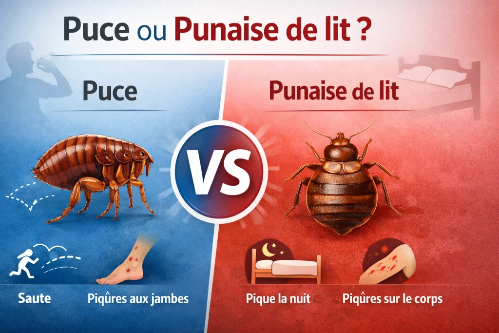 Illustration comparative montrant les différences entre puce et punaise de lit.